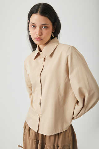 Gathered Cuff Poplin Shirt Camel - 7
