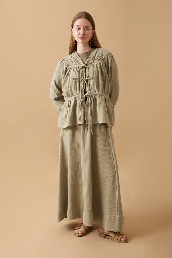 Gathered Muslin Skirt Set Khaki - 1