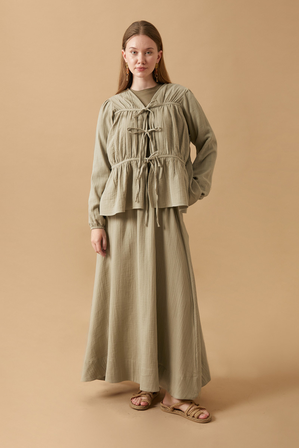 Gathered Muslin Skirt Set Khaki - 3