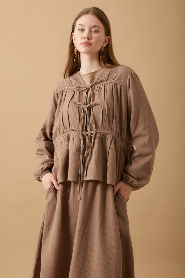 Gathered Muslin Skirt Set Taupe - 1