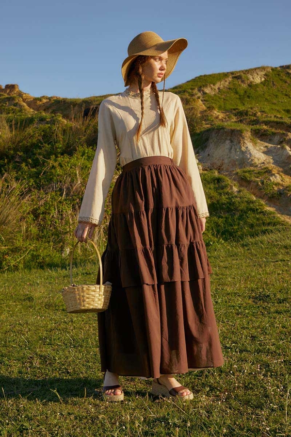 Gathered Panel Detail Skirt Brown - 1