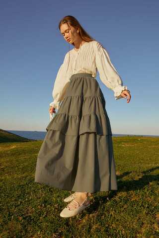 Gathered Panel Detail Skirt Khaki - 2