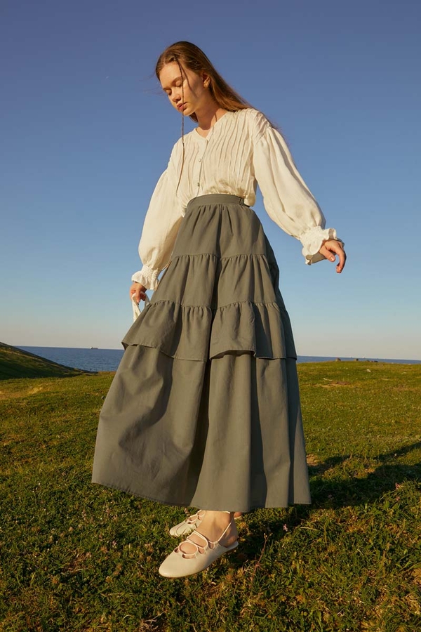 Gathered Panel Detail Skirt Khaki - 2