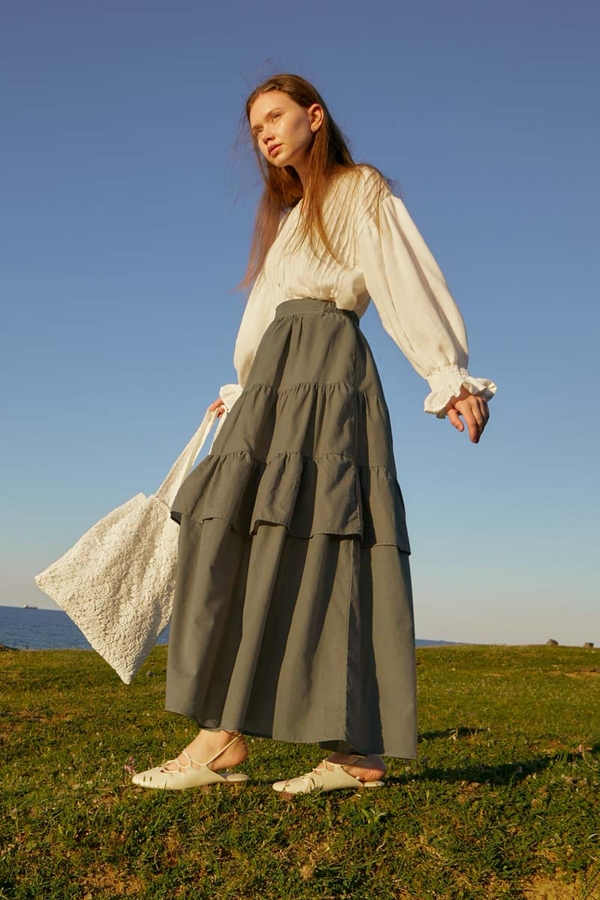 Gathered Panel Detail Skirt Khaki - 3