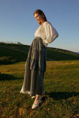 Gathered Panel Detail Skirt Khaki - 5