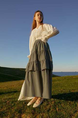 Gathered Panel Detail Skirt Khaki - 9