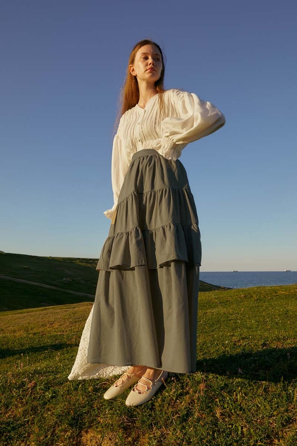 Gathered Panel Detail Skirt Khaki - 9