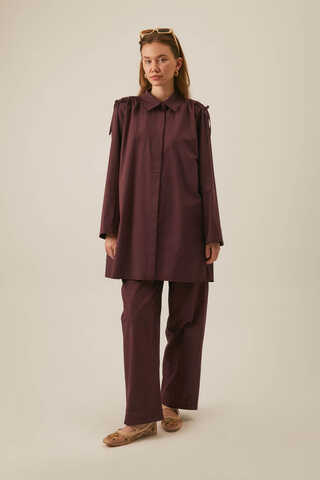 Gathered Shoulder Detail Trouser Set Burgundy - 2