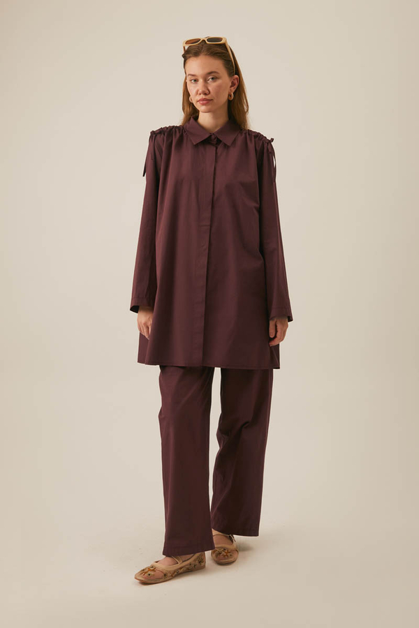 Gathered Shoulder Detail Trouser Set Burgundy - 2