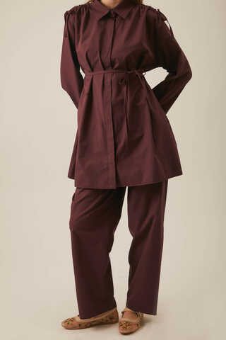 Gathered Shoulder Detail Trouser Set Burgundy - 4