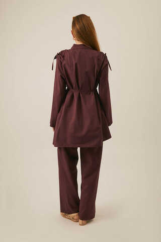 Gathered Shoulder Detail Trouser Set Burgundy - 5
