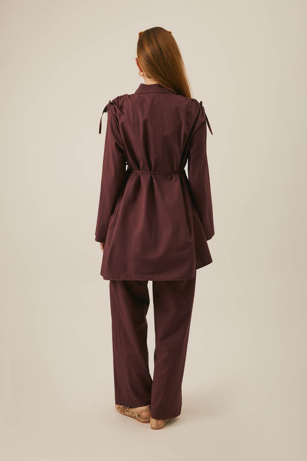 Gathered Shoulder Detail Trouser Set Burgundy - 5