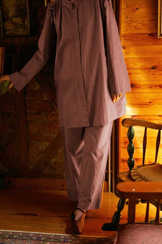 Omuzu Büzgü Detaylı Pantolon Takım Gül Kurusu - 5