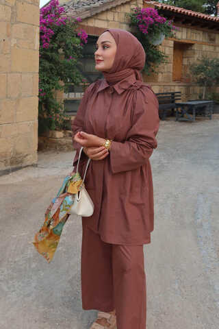 Omuzu Büzgü Detaylı Pantolon Takım Gül Kurusu - 1