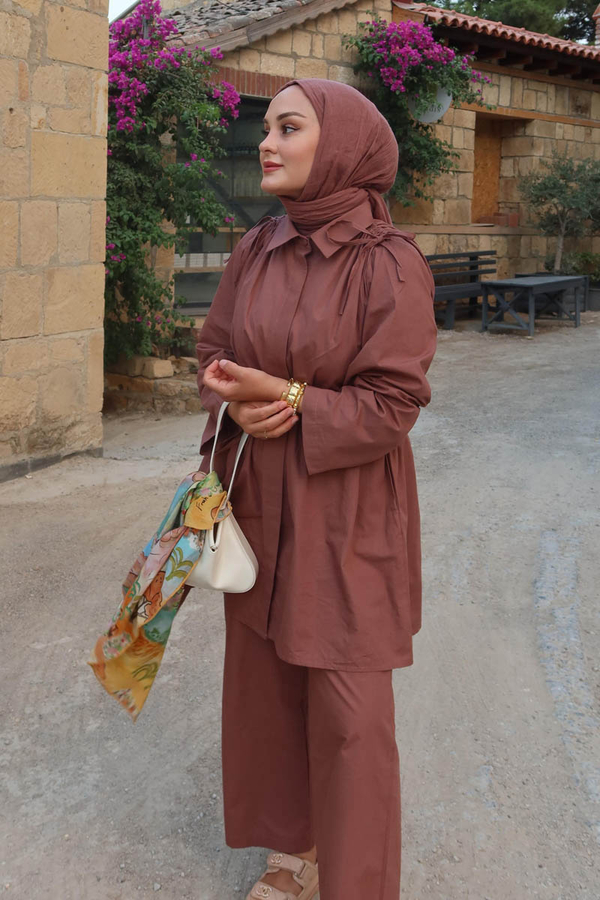 Omuzu Büzgü Detaylı Pantolon Takım Gül Kurusu - 1