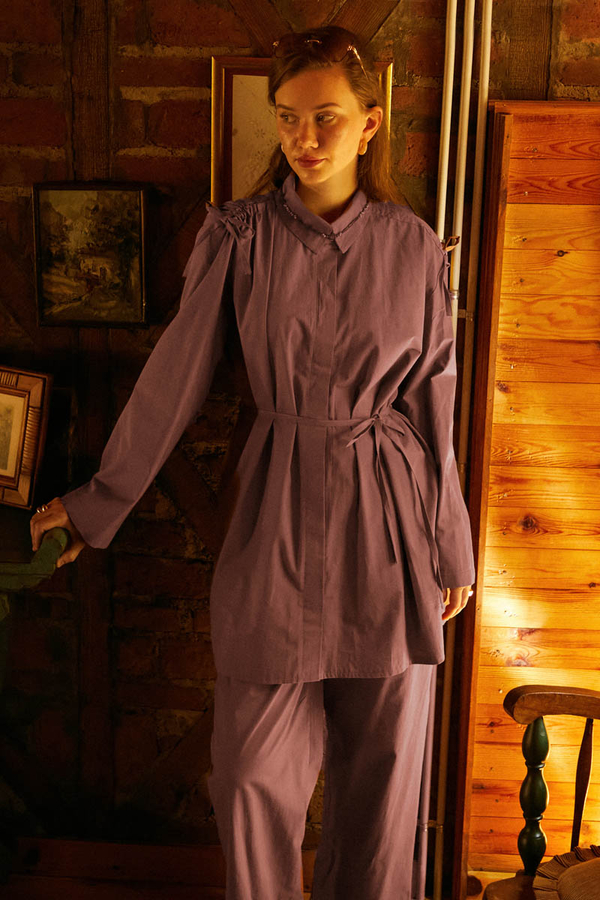 Omuzu Büzgü Detaylı Pantolon Takım Gül Kurusu - 7