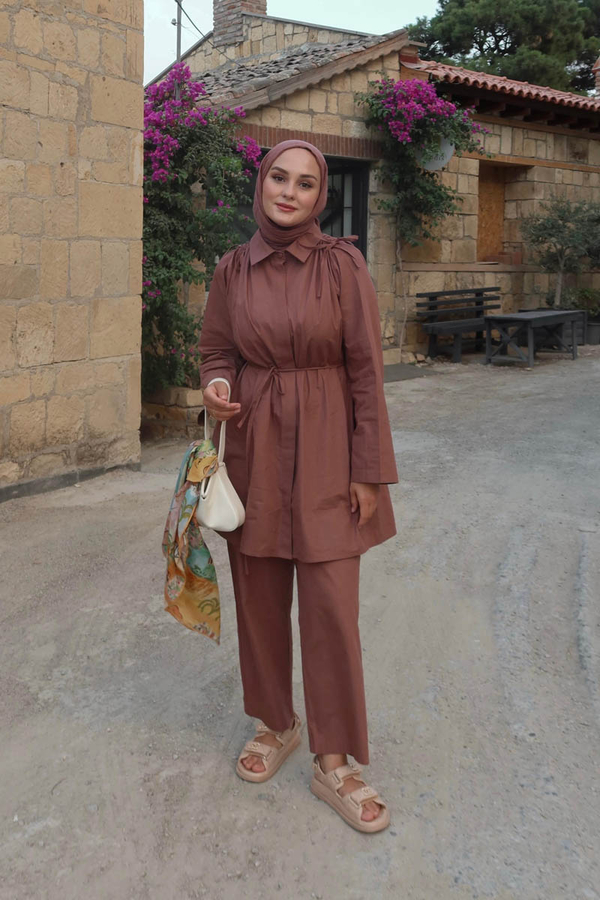 Omuzu Büzgü Detaylı Pantolon Takım Gül Kurusu - 2