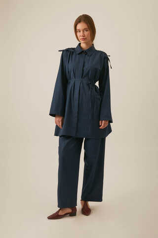 Omuzu Büzgü Detaylı Pantolon Takım Lacivert - 3