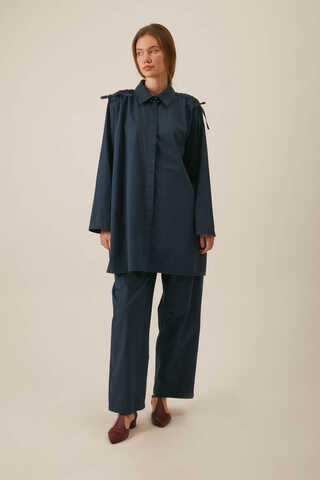 Omuzu Büzgü Detaylı Pantolon Takım Lacivert - 4