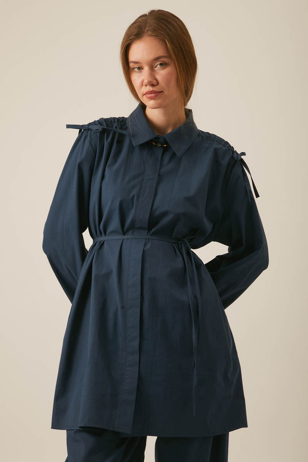 Gathered Shoulder Detail Trouser Set Navy Blue 