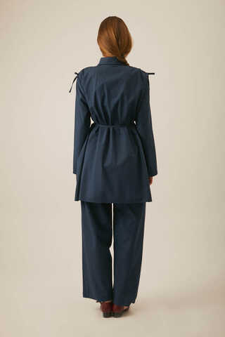 Omuzu Büzgü Detaylı Pantolon Takım Lacivert - 5