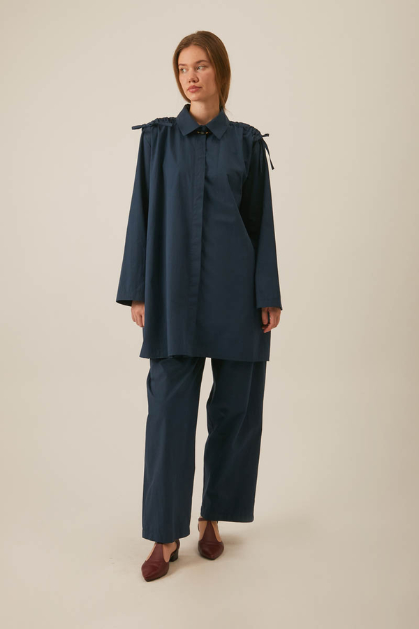 Omuzu Büzgü Detaylı Pantolon Takım Lacivert - 4