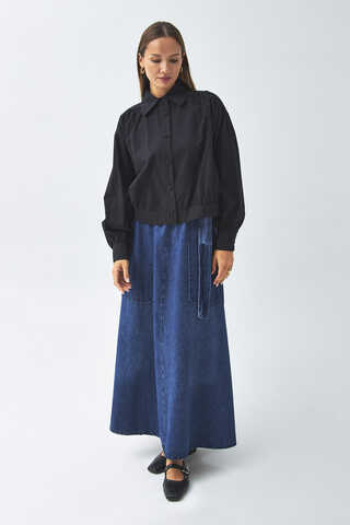 Gathered Shoulder Poplin Shirt Black - 3