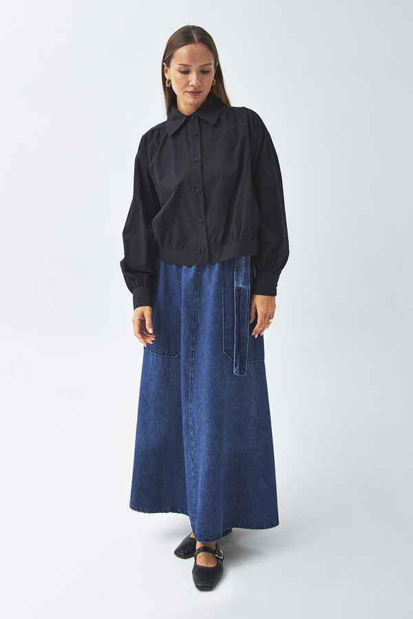 Gathered Shoulder Poplin Shirt Black - 3