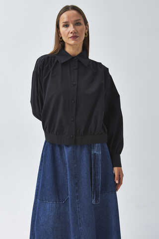 Gathered Shoulder Poplin Shirt Black - 5