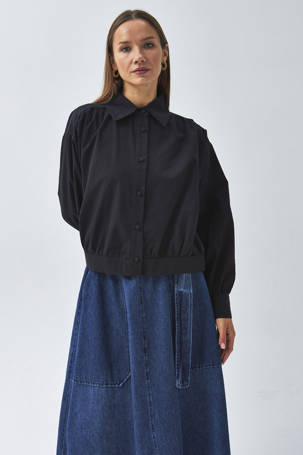 Gathered Shoulder Poplin Shirt Black - 5