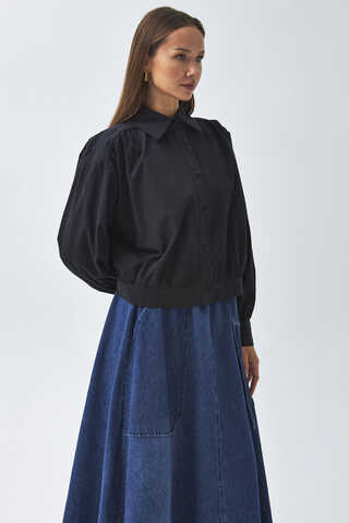 Gathered Shoulder Poplin Shirt Black (1)