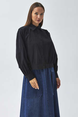 Gathered Shoulder Poplin Shirt Black - 6