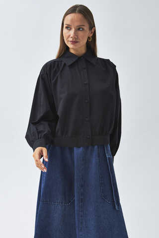 Gathered Shoulder Poplin Shirt Black - 4