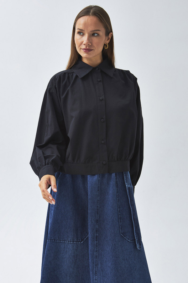 Gathered Shoulder Poplin Shirt Black - 4