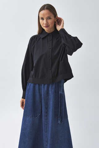 Gathered Shoulder Poplin Shirt Black - 7