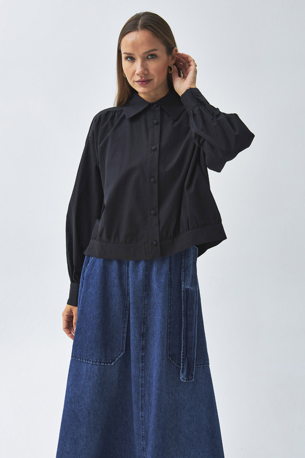 Gathered Shoulder Poplin Shirt Black - 7