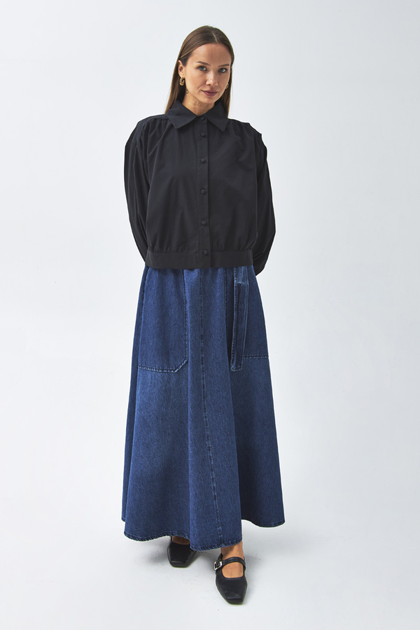 Gathered Shoulder Poplin Shirt Black