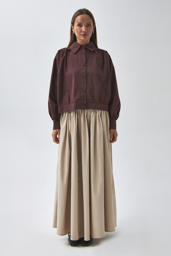 Gathered Shoulder Poplin Shirt Burgundy 