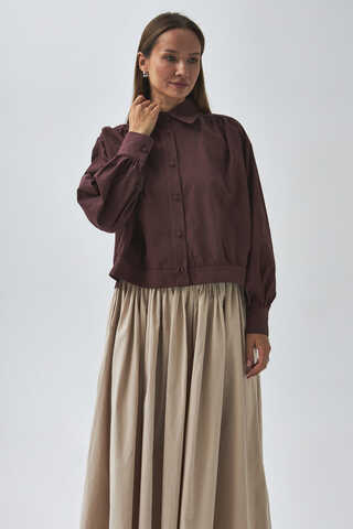 Gathered Shoulder Poplin Shirt Burgundy - 2