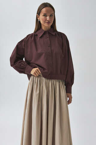 Gathered Shoulder Poplin Shirt Burgundy - 3