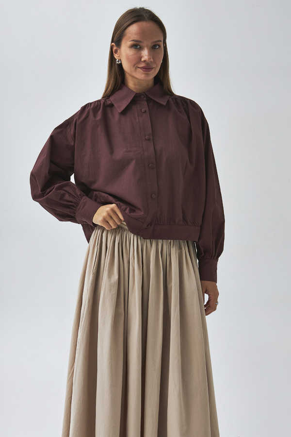Gathered Shoulder Poplin Shirt Burgundy - 3