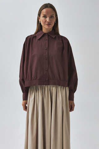 Gathered Shoulder Poplin Shirt Burgundy - 5