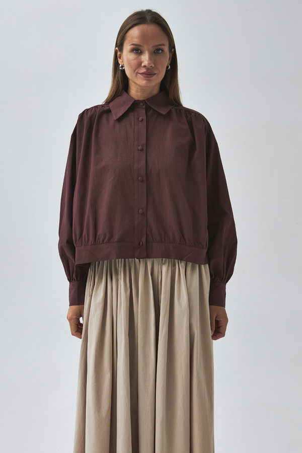 Gathered Shoulder Poplin Shirt Burgundy - 5