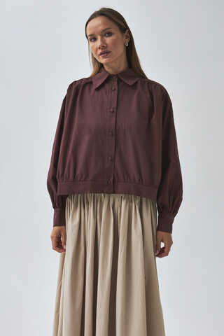 Gathered Shoulder Poplin Shirt Burgundy - 6