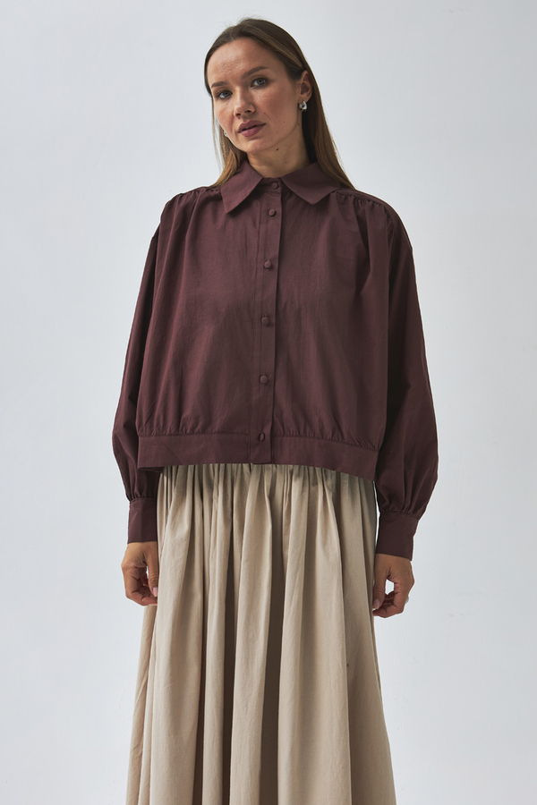 Gathered Shoulder Poplin Shirt Burgundy - 6