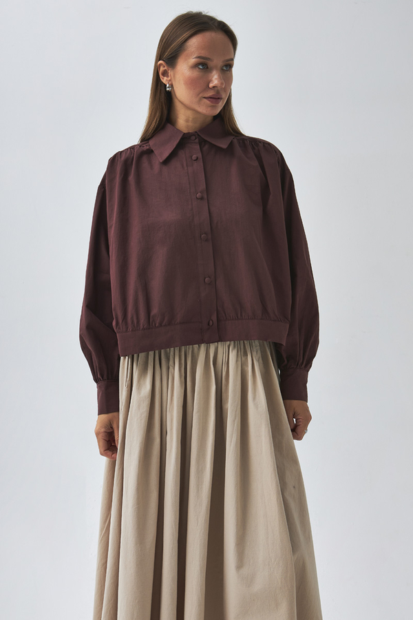 Gathered Shoulder Poplin Shirt Burgundy - 7