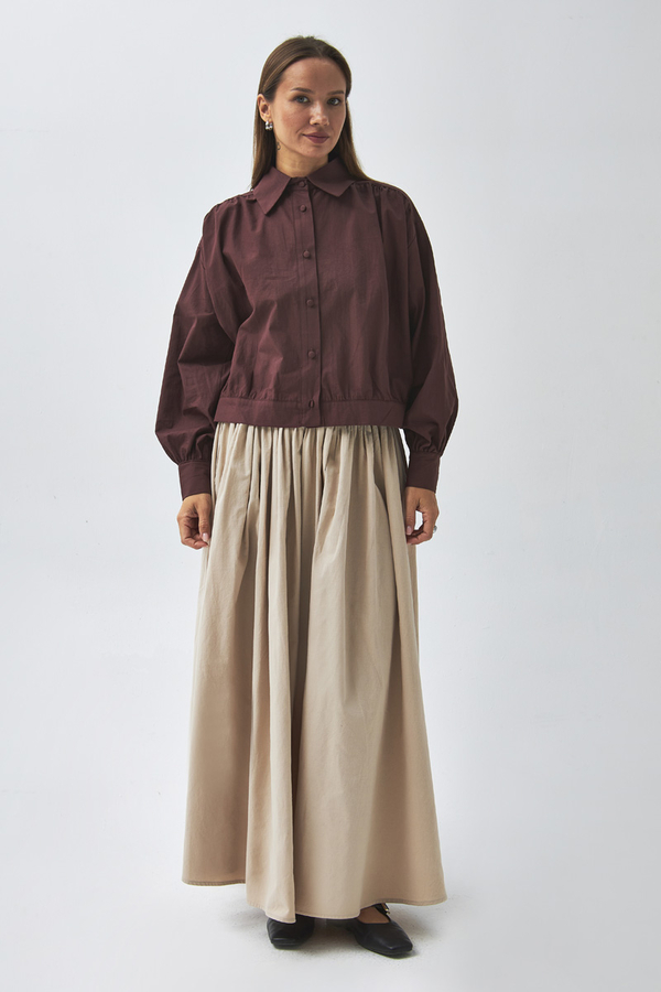 Gathered Shoulder Poplin Shirt Burgundy - 4