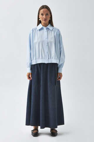 Gathered Shoulder Poplin Shirt Ice Blue - 1