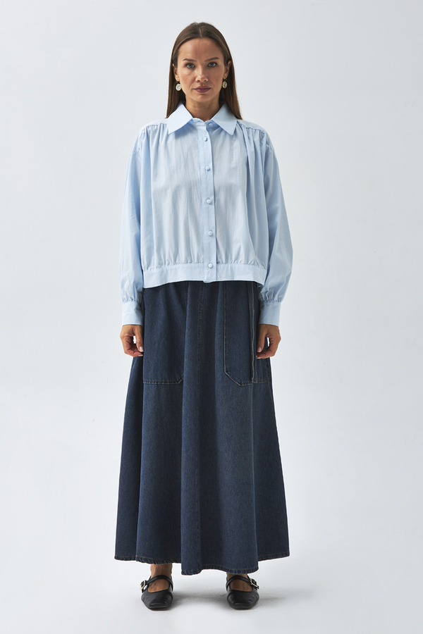 Gathered Shoulder Poplin Shirt Ice Blue