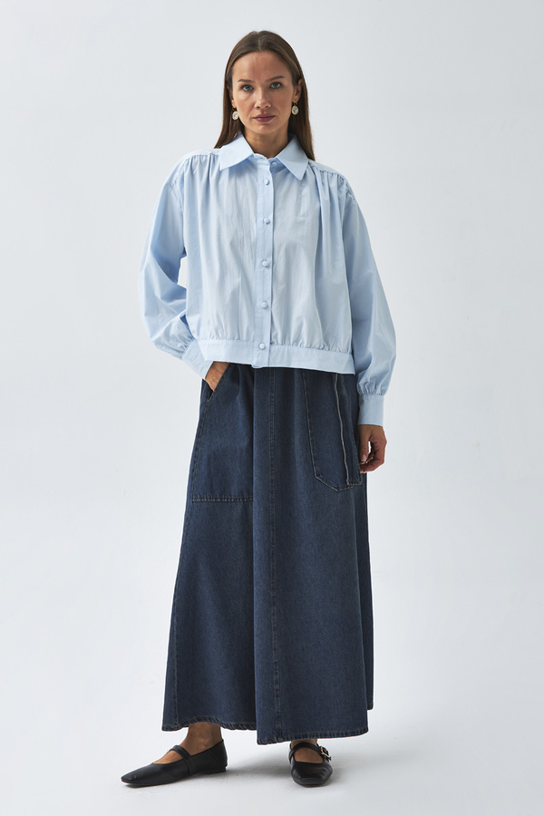 Gathered Shoulder Poplin Shirt Ice Blue - 4